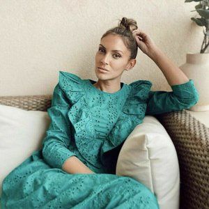 ZARA MIDI DRESS CUTWORK EMBROIDERY RUFFLE GREEN